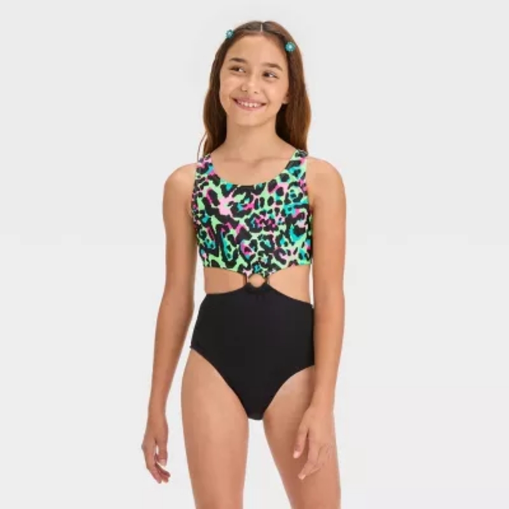 Girls' 'Wild Cat' Cheetah Printed One Piece Swimsuit - art class Black Small